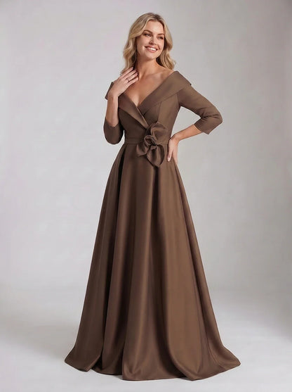 Roselle Maxi Dress100% Polyester Satin Three-Quarter Sleeve Off-the-Shoulder A-Line Maxi Dress for Party, Cocktail, Evening, | SKU: RM-483920174651082-BROWN-L,RM-483920174651082-BROWN-M,RM-483920174651082-BROWN-S,RM-483920174651082-BROWN-XL,RM-483920174651082-BROWN-XS