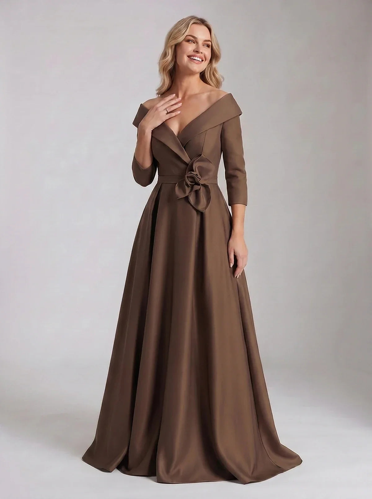 Roselle Maxi Dress100% Polyester Satin Three-Quarter Sleeve Off-the-Shoulder A-Line Maxi Dress for Party, Cocktail, Evening, | SKU: RM-483920174651082-BROWN-L,RM-483920174651082-BROWN-M,RM-483920174651082-BROWN-S,RM-483920174651082-BROWN-XL,RM-483920174651082-BROWN-XS