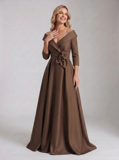 Roselle Maxi Dress100% Polyester Satin Three-Quarter Sleeve Off-the-Shoulder A-Line Maxi Dress for Party, Cocktail, Evening, | SKU: RM-483920174651082-BROWN-L,RM-483920174651082-BROWN-M,RM-483920174651082-BROWN-S,RM-483920174651082-BROWN-XL,RM-483920174651082-BROWN-XS
