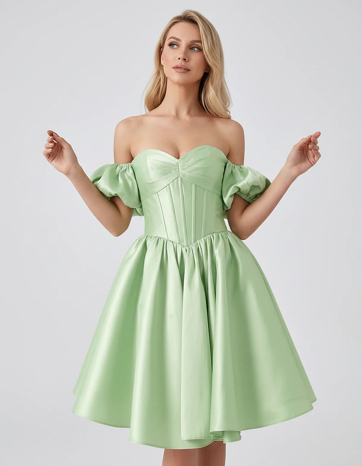 Satin Off-Shoulder Puff Sleeve Sweetheart Neck Corset Mini Dress for Homecoming, Prom, Cocktail, Evening & Wedding Guest Even | SKU: RMD-583920174615847-SAGE-L,RMD-583920174615847-SAGE-M,RMD-583920174615847-SAGE-S,RMD-583920174615847-SAGE-XL,RMD-583920174615847-SAGE-XS