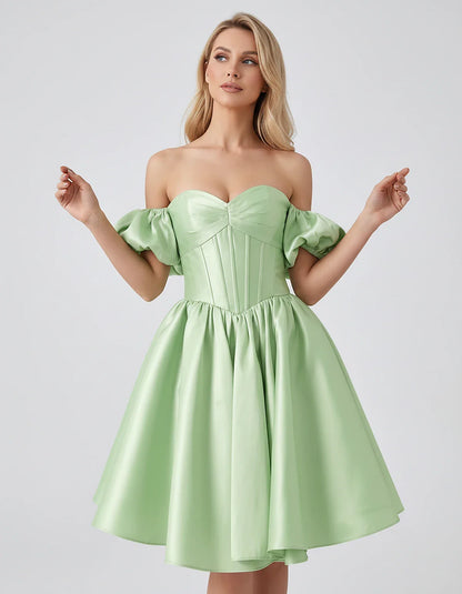 Satin Off-Shoulder Puff Sleeve Sweetheart Neck Corset Mini Dress for Homecoming, Prom, Cocktail, Evening & Wedding Guest Even | SKU: RMD-583920174615847-SAGE-L,RMD-583920174615847-SAGE-M,RMD-583920174615847-SAGE-S,RMD-583920174615847-SAGE-XL,RMD-583920174615847-SAGE-XS