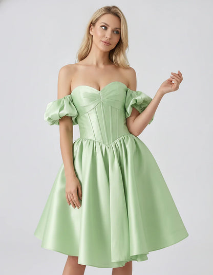 Satin Off-Shoulder Puff Sleeve Sweetheart Neck Corset Mini Dress for Homecoming, Prom, Cocktail, Evening & Wedding Guest Even | SKU: RMD-583920174615847-SAGE-L,RMD-583920174615847-SAGE-M,RMD-583920174615847-SAGE-S,RMD-583920174615847-SAGE-XL,RMD-583920174615847-SAGE-XS