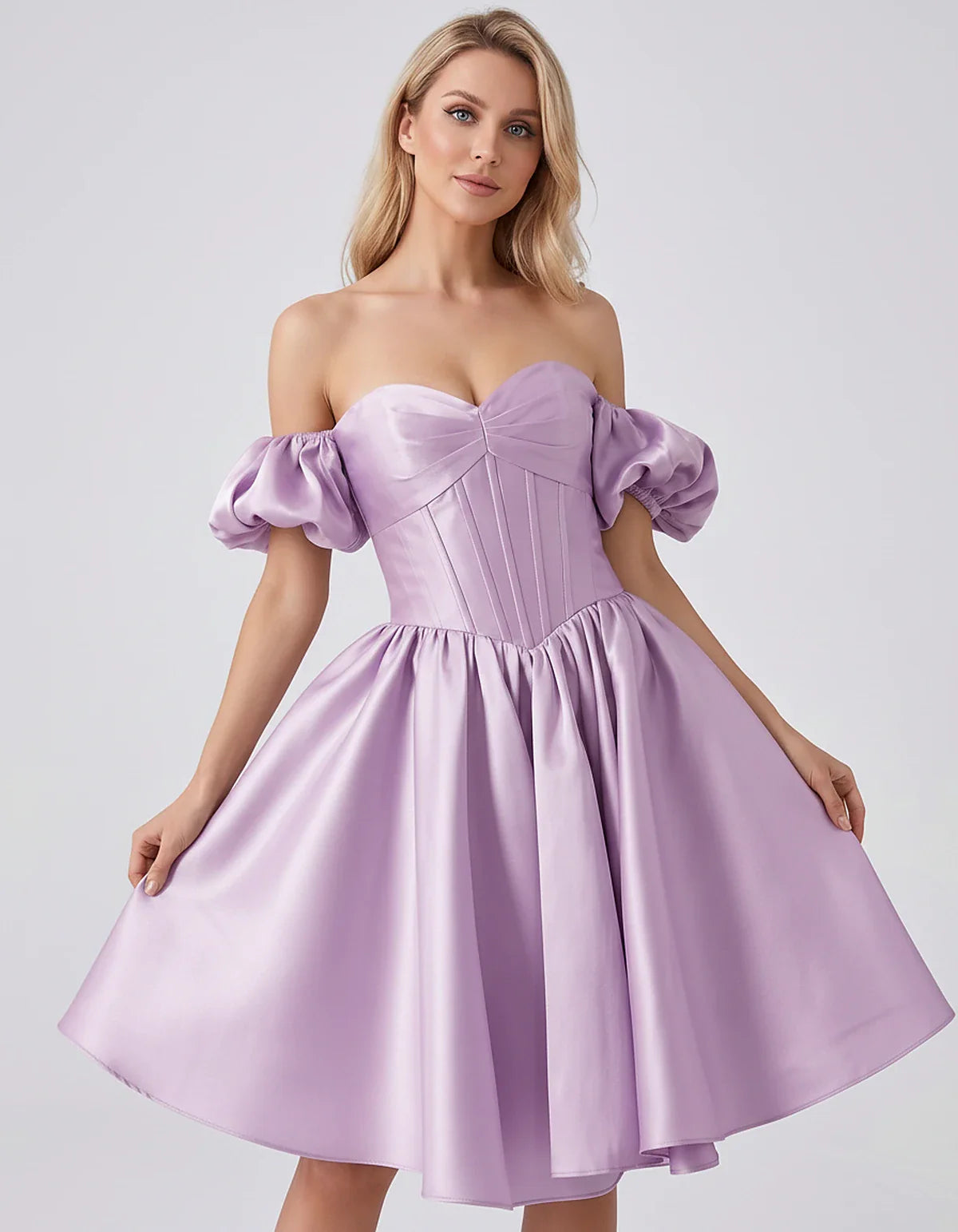 Satin Off-Shoulder Puff Sleeve Sweetheart Neck Corset Mini Dress for Homecoming, Prom, Cocktail, Evening & Wedding Guest Even | SKU: RMD-583920174615847-LILAC-L,RMD-583920174615847-LILAC-M,RMD-583920174615847-LILAC-S,RMD-583920174615847-LILAC-XL,RMD-583920174615847-LILAC-XS