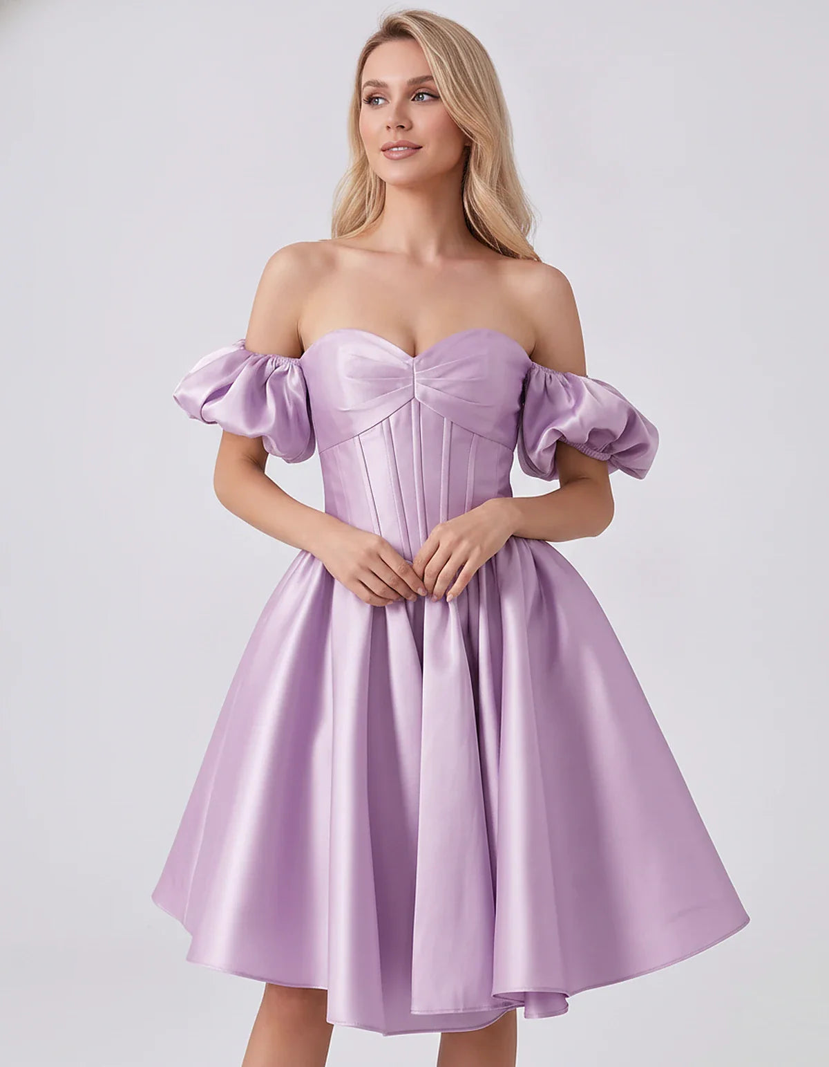 Satin Off-Shoulder Puff Sleeve Sweetheart Neck Corset Mini Dress for Homecoming, Prom, Cocktail, Evening & Wedding Guest Even | SKU: RMD-583920174615847-LILAC-L,RMD-583920174615847-LILAC-M,RMD-583920174615847-LILAC-S,RMD-583920174615847-LILAC-XL,RMD-583920174615847-LILAC-XS