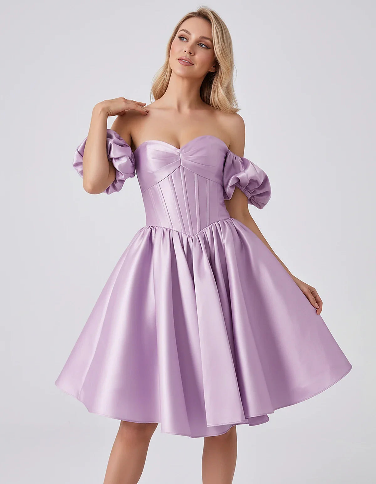 Satin Off-Shoulder Puff Sleeve Sweetheart Neck Corset Mini Dress for Homecoming, Prom, Cocktail, Evening & Wedding Guest Even | SKU: RMD-583920174615847-LILAC-L,RMD-583920174615847-LILAC-M,RMD-583920174615847-LILAC-S,RMD-583920174615847-LILAC-XL,RMD-583920174615847-LILAC-XS