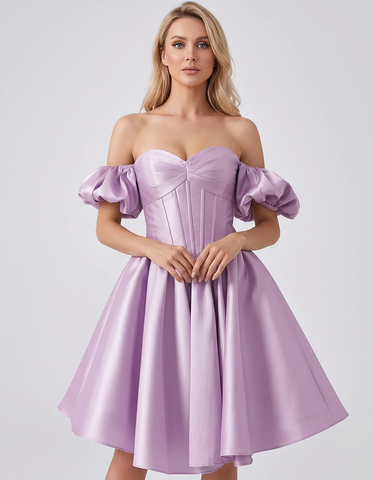 Satin Off-Shoulder Puff Sleeve Sweetheart Neck Corset Mini Dress for Homecoming, Prom, Cocktail, Evening & Wedding Guest Even | SKU: RMD-583920174615847-LILAC-L,RMD-583920174615847-LILAC-M,RMD-583920174615847-LILAC-S,RMD-583920174615847-LILAC-XL,RMD-583920174615847-LILAC-XS