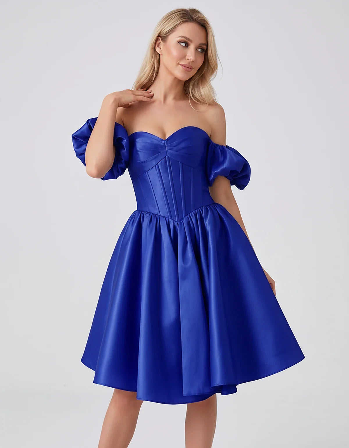 Satin Off-Shoulder Puff Sleeve Sweetheart Neck Corset Mini Dress for Homecoming, Prom, Cocktail, Evening & Wedding Guest Even | SKU: RMD-583920174615847-ROYALBLUE-L,RMD-583920174615847-ROYALBLUE-M,RMD-583920174615847-ROYALBLUE-S,RMD-583920174615847-ROYALBLUE-XL,RMD-583920174615847-ROYALBLUE-XS