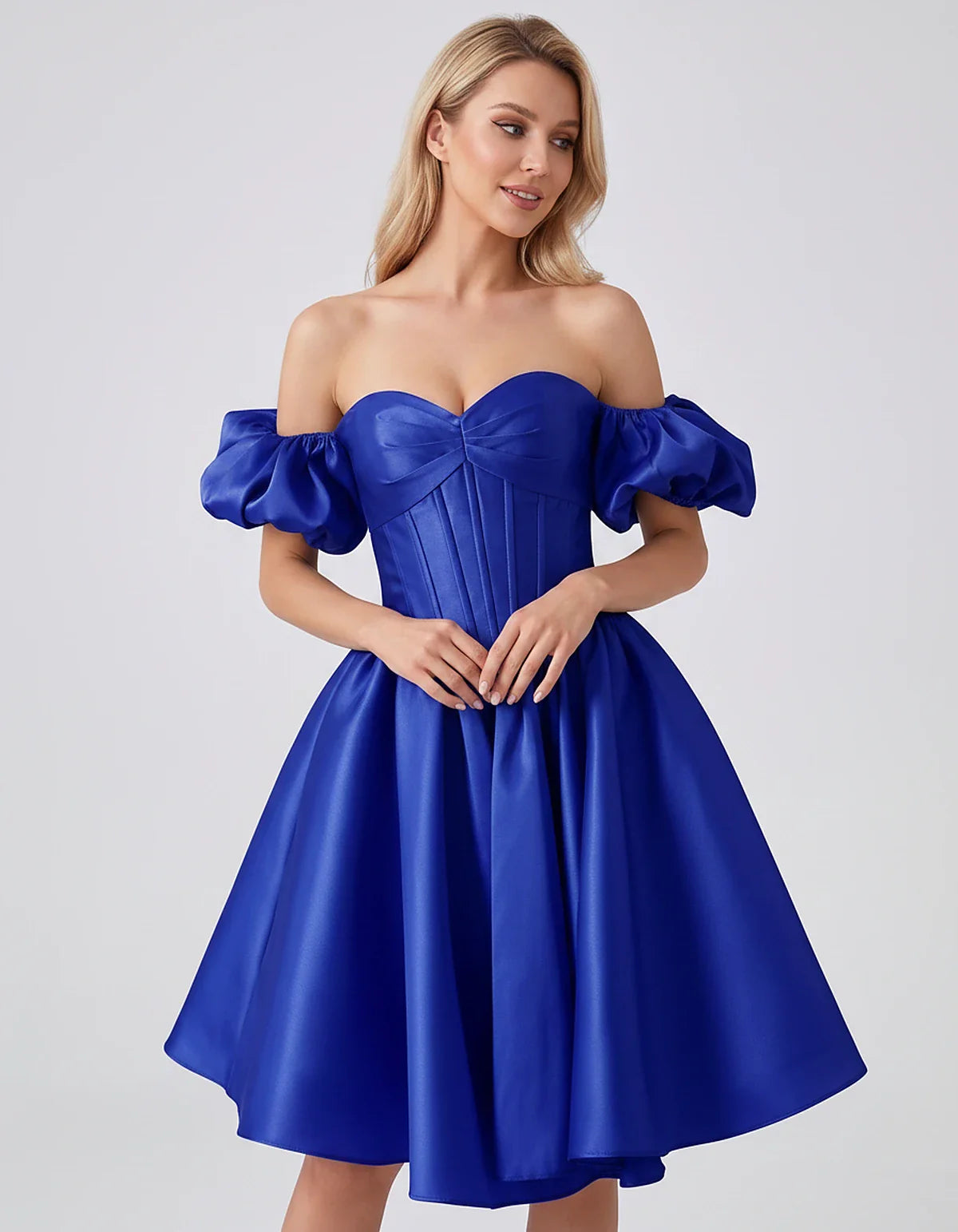 Satin Off-Shoulder Puff Sleeve Sweetheart Neck Corset Mini Dress for Homecoming, Prom, Cocktail, Evening & Wedding Guest Even | SKU: RMD-583920174615847-ROYALBLUE-L,RMD-583920174615847-ROYALBLUE-M,RMD-583920174615847-ROYALBLUE-S,RMD-583920174615847-ROYALBLUE-XL,RMD-583920174615847-ROYALBLUE-XS