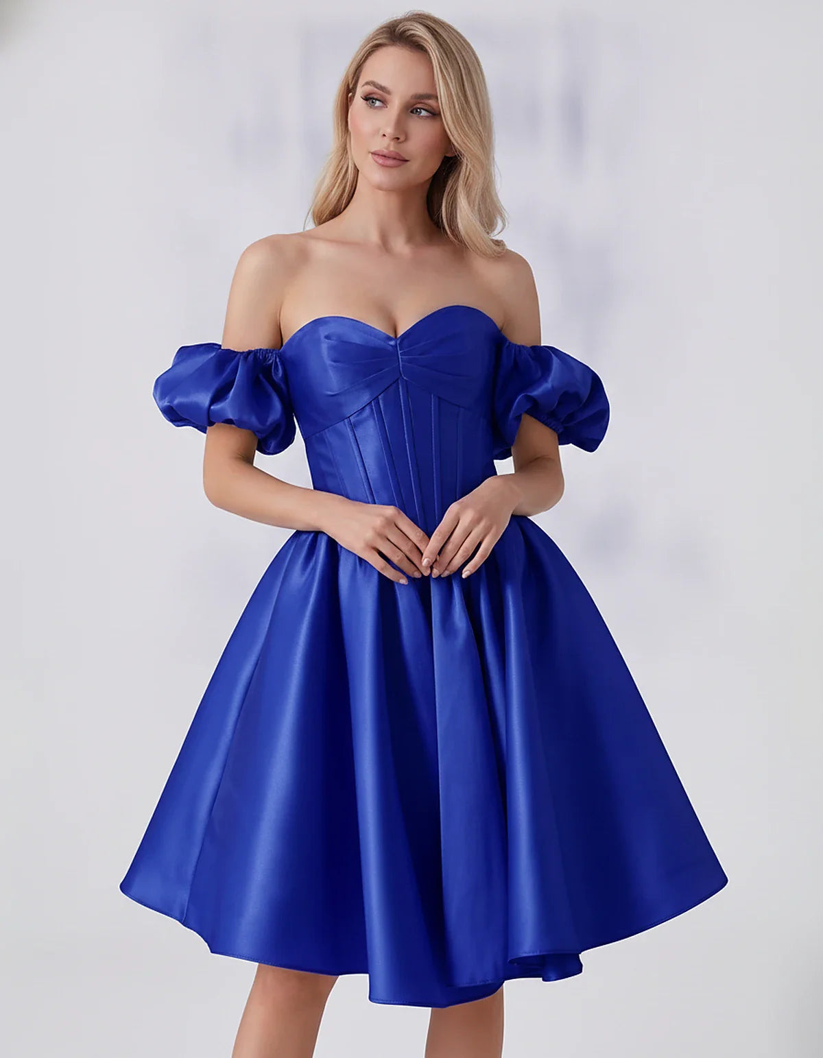 Satin Off-Shoulder Puff Sleeve Sweetheart Neck Corset Mini Dress for Homecoming, Prom, Cocktail, Evening & Wedding Guest Even | SKU: RMD-583920174615847-ROYALBLUE-L,RMD-583920174615847-ROYALBLUE-M,RMD-583920174615847-ROYALBLUE-S,RMD-583920174615847-ROYALBLUE-XL,RMD-583920174615847-ROYALBLUE-XS