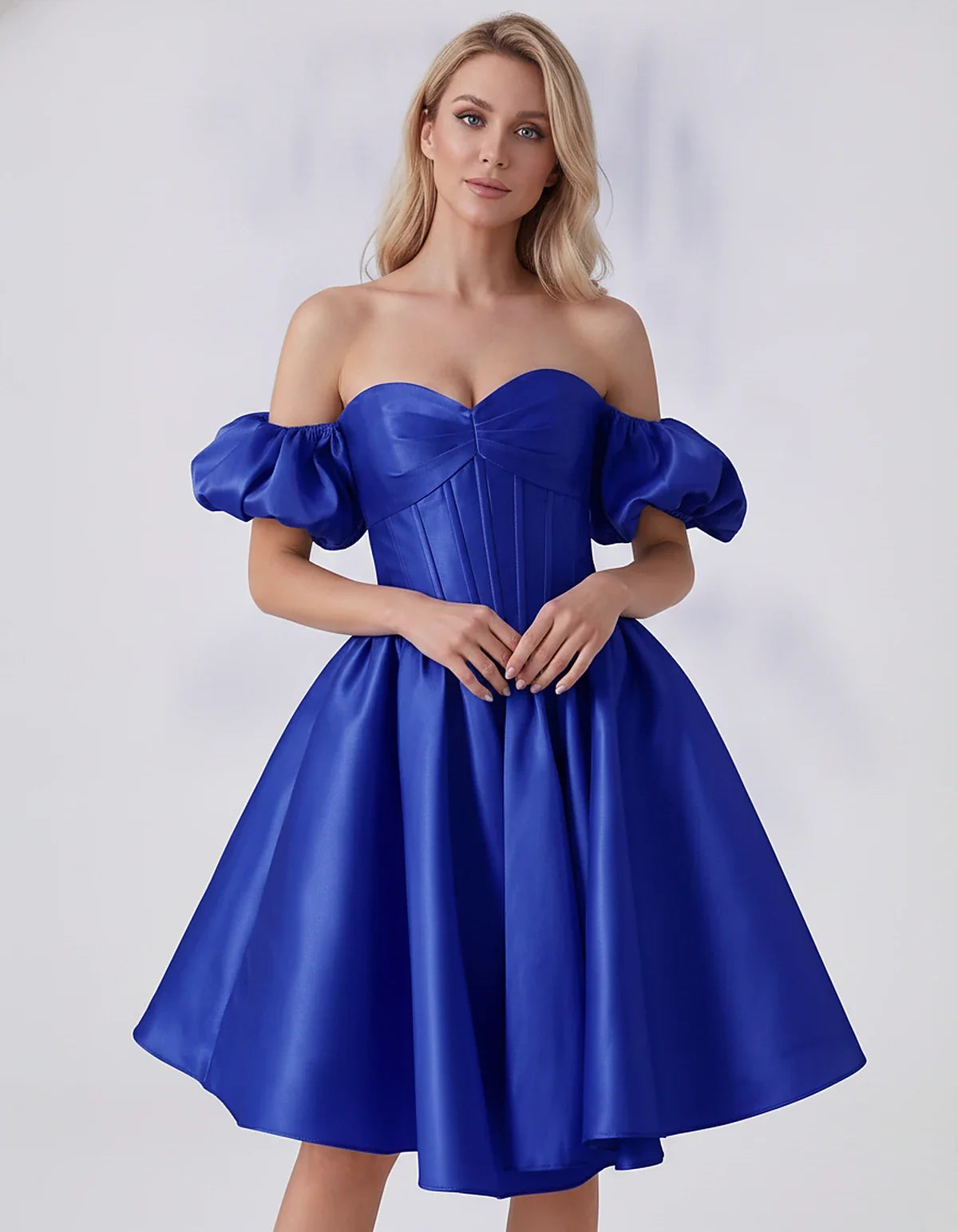 Satin Off-Shoulder Puff Sleeve Sweetheart Neck Corset Mini Dress for Homecoming, Prom, Cocktail, Evening & Wedding Guest Even | SKU: RMD-583920174615847-ROYALBLUE-L,RMD-583920174615847-ROYALBLUE-M,RMD-583920174615847-ROYALBLUE-S,RMD-583920174615847-ROYALBLUE-XL,RMD-583920174615847-ROYALBLUE-XS