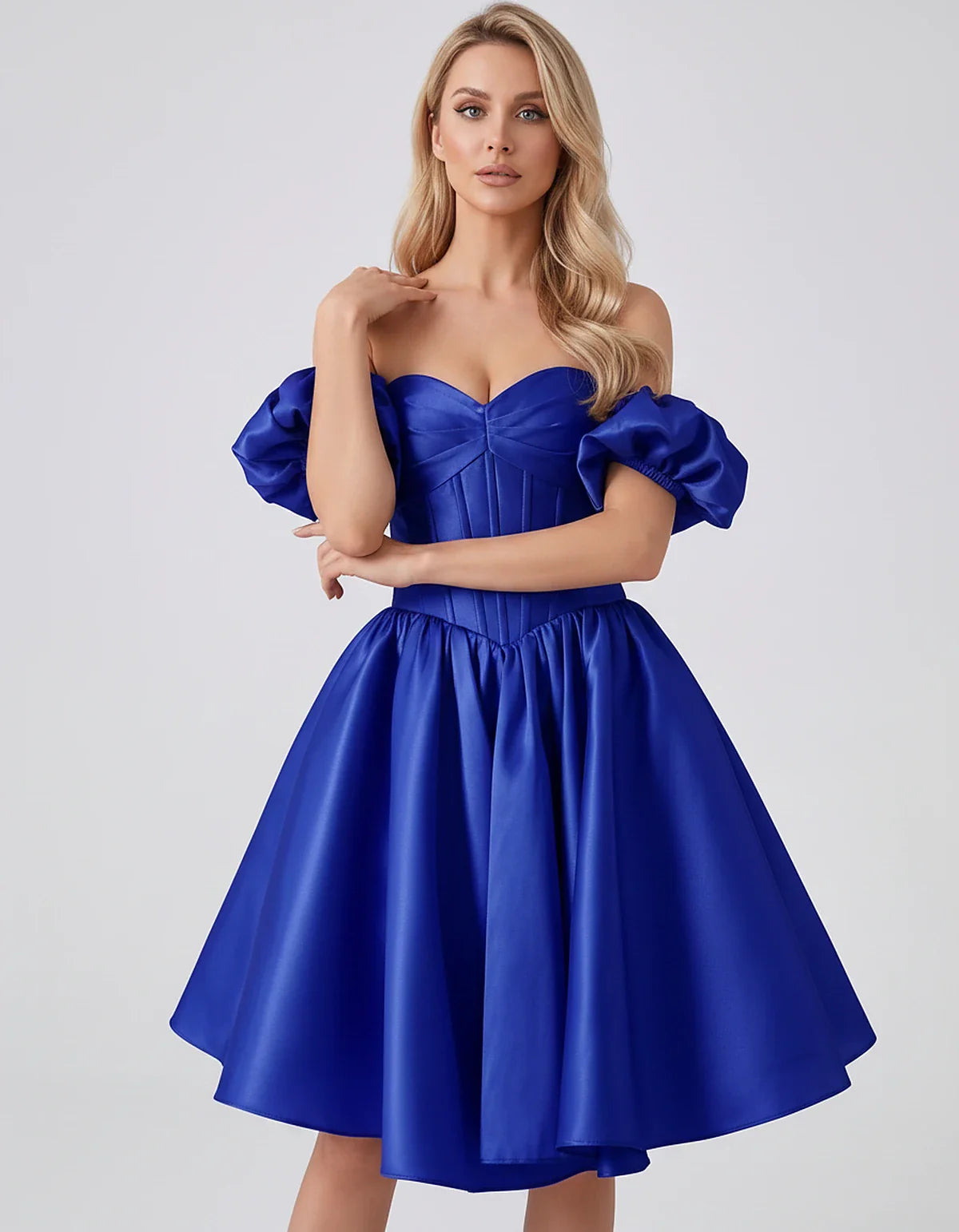 Satin Off-Shoulder Puff Sleeve Sweetheart Neck Corset Mini Dress for Homecoming, Prom, Cocktail, Evening & Wedding Guest Even | SKU: RMD-583920174615847-ROYALBLUE-L,RMD-583920174615847-ROYALBLUE-M,RMD-583920174615847-ROYALBLUE-S,RMD-583920174615847-ROYALBLUE-XL,RMD-583920174615847-ROYALBLUE-XS