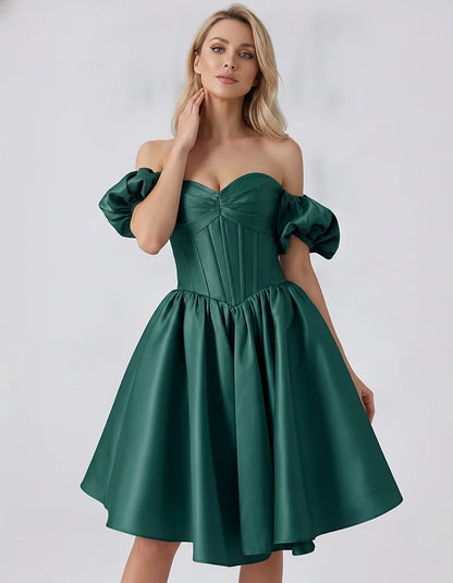 Satin Off-Shoulder Puff Sleeve Sweetheart Neck Corset Mini Dress for Homecoming, Prom, Cocktail, Evening & Wedding Guest Even | SKU: RMD-583920174615847-TEAL-L,RMD-583920174615847-TEAL-M,RMD-583920174615847-TEAL-S,RMD-583920174615847-TEAL-XL,RMD-583920174615847-TEAL-XS