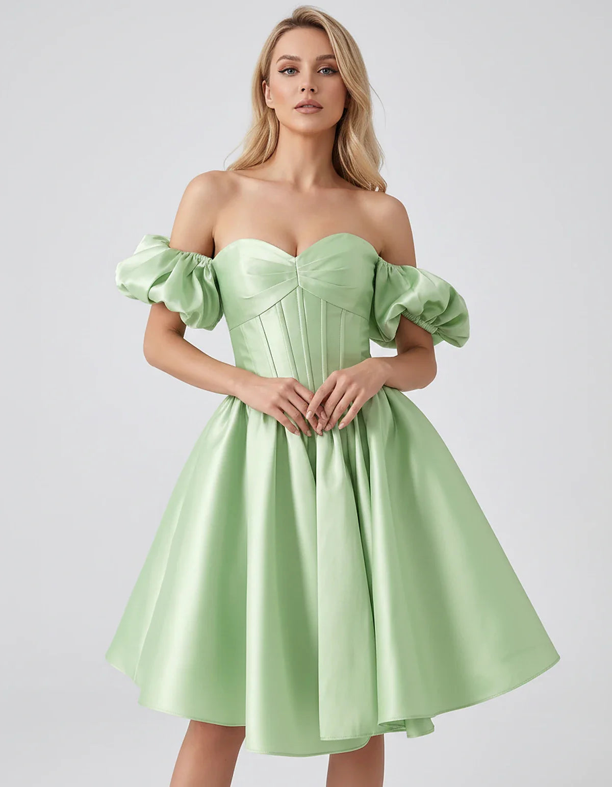 Satin Off-Shoulder Puff Sleeve Sweetheart Neck Corset Mini Dress for Homecoming, Prom, Cocktail, Evening & Wedding Guest Even | SKU: RMD-583920174615847-SAGE-L,RMD-583920174615847-SAGE-M,RMD-583920174615847-SAGE-S,RMD-583920174615847-SAGE-XL,RMD-583920174615847-SAGE-XS