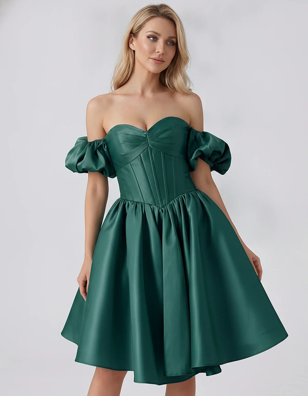 Satin Off-Shoulder Puff Sleeve Sweetheart Neck Corset Mini Dress for Homecoming, Prom, Cocktail, Evening & Wedding Guest Even | SKU: RMD-583920174615847-TEAL-L,RMD-583920174615847-TEAL-M,RMD-583920174615847-TEAL-S,RMD-583920174615847-TEAL-XL,RMD-583920174615847-TEAL-XS