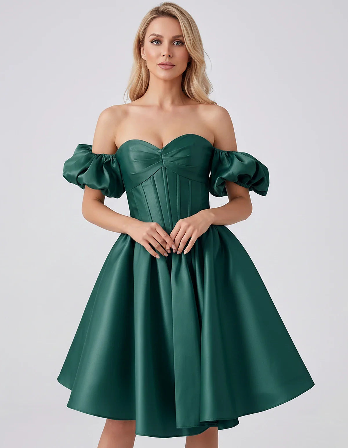 Satin Off-Shoulder Puff Sleeve Sweetheart Neck Corset Mini Dress for Homecoming, Prom, Cocktail, Evening & Wedding Guest Even | SKU: RMD-583920174615847-TEAL-L,RMD-583920174615847-TEAL-M,RMD-583920174615847-TEAL-S,RMD-583920174615847-TEAL-XL,RMD-583920174615847-TEAL-XS