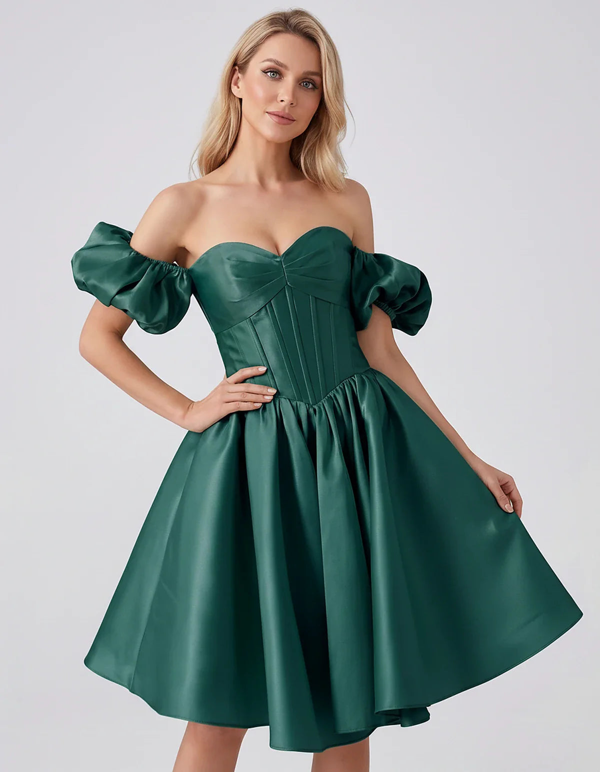 Satin Off-Shoulder Puff Sleeve Sweetheart Neck Corset Mini Dress for Homecoming, Prom, Cocktail, Evening & Wedding Guest Even | SKU: RMD-583920174615847-TEAL-L,RMD-583920174615847-TEAL-M,RMD-583920174615847-TEAL-S,RMD-583920174615847-TEAL-XL,RMD-583920174615847-TEAL-XS