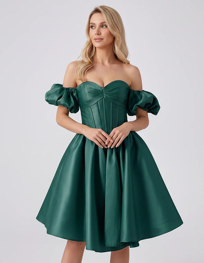 Satin Off-Shoulder Puff Sleeve Sweetheart Neck Corset Mini Dress for Homecoming, Prom, Cocktail, Evening & Wedding Guest Even | SKU: RMD-583920174615847-TEAL-L,RMD-583920174615847-TEAL-M,RMD-583920174615847-TEAL-S,RMD-583920174615847-TEAL-XL,RMD-583920174615847-TEAL-XS