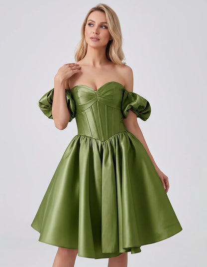 Satin Off-Shoulder Puff Sleeve Sweetheart Neck Corset Mini Dress for Homecoming, Prom, Cocktail, Evening & Wedding Guest Even | SKU: RMD-583920174615847-OLIVE-L,RMD-583920174615847-OLIVE-M,RMD-583920174615847-OLIVE-S,RMD-583920174615847-OLIVE-XL,RMD-583920174615847-OLIVE-XS