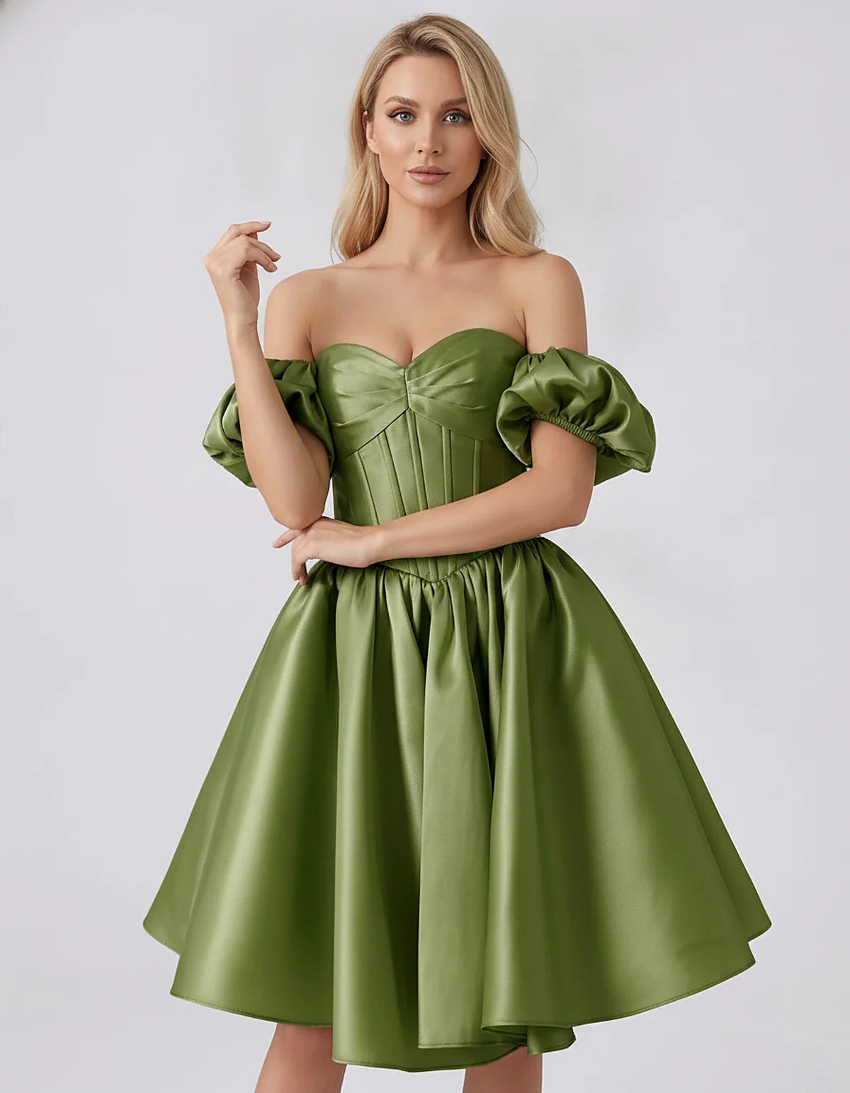 Satin Off-Shoulder Puff Sleeve Sweetheart Neck Corset Mini Dress for Homecoming, Prom, Cocktail, Evening & Wedding Guest Even | SKU: RMD-583920174615847-OLIVE-L,RMD-583920174615847-OLIVE-M,RMD-583920174615847-OLIVE-S,RMD-583920174615847-OLIVE-XL,RMD-583920174615847-OLIVE-XS