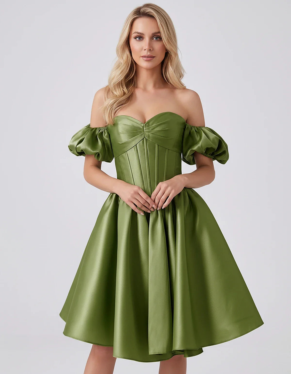 Satin Off-Shoulder Puff Sleeve Sweetheart Neck Corset Mini Dress for Homecoming, Prom, Cocktail, Evening & Wedding Guest Even | SKU: RMD-583920174615847-OLIVE-L,RMD-583920174615847-OLIVE-M,RMD-583920174615847-OLIVE-S,RMD-583920174615847-OLIVE-XL,RMD-583920174615847-OLIVE-XS
