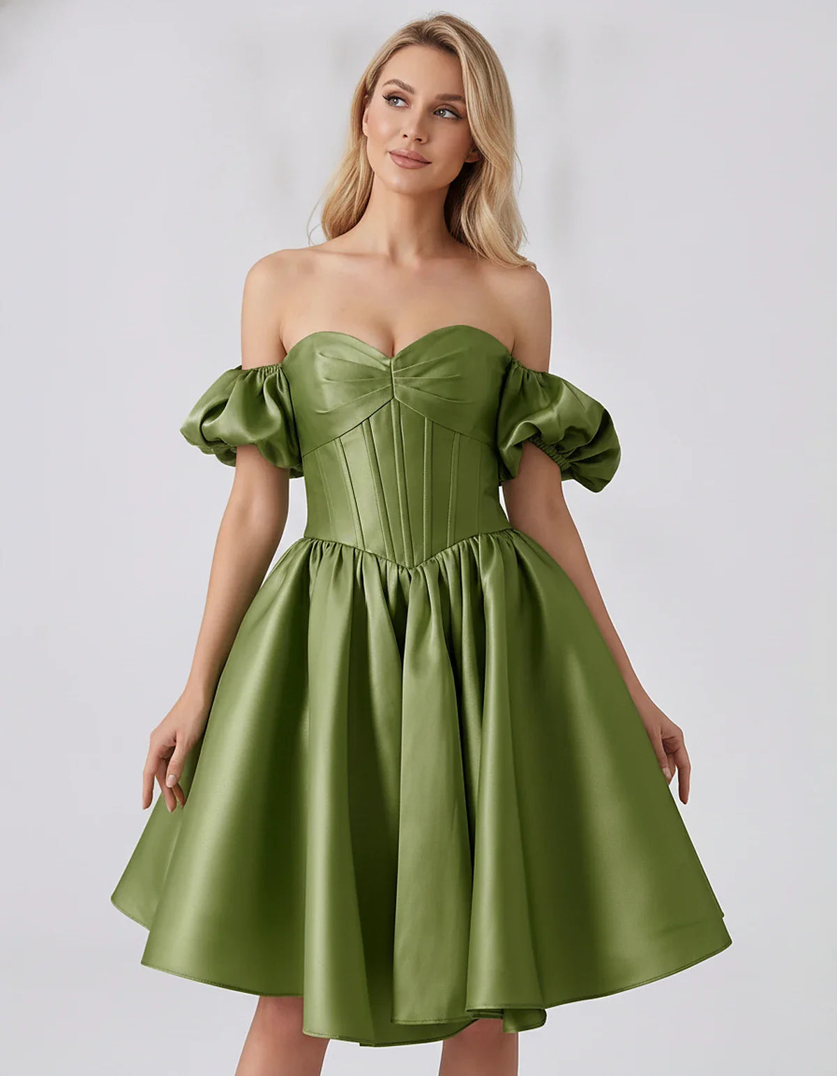 Satin Off-Shoulder Puff Sleeve Sweetheart Neck Corset Mini Dress for Homecoming, Prom, Cocktail, Evening & Wedding Guest Even | SKU: RMD-583920174615847-OLIVE-L,RMD-583920174615847-OLIVE-M,RMD-583920174615847-OLIVE-S,RMD-583920174615847-OLIVE-XL,RMD-583920174615847-OLIVE-XS