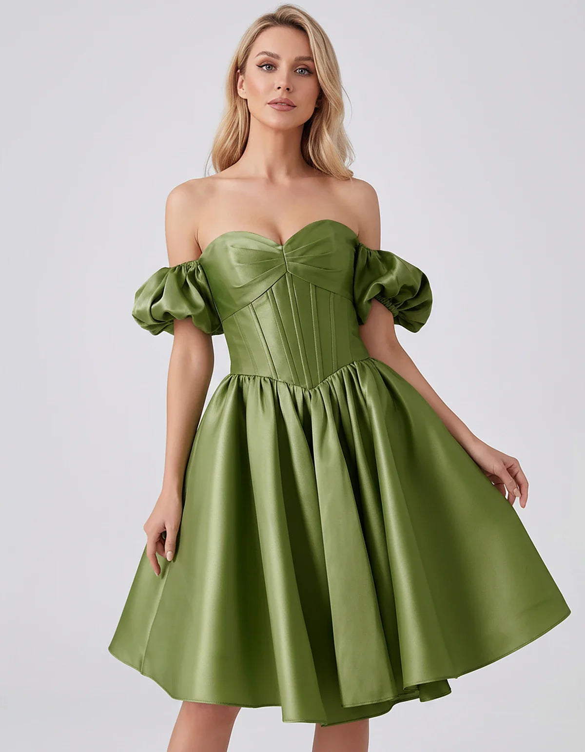 Satin Off-Shoulder Puff Sleeve Sweetheart Neck Corset Mini Dress for Homecoming, Prom, Cocktail, Evening & Wedding Guest Even | SKU: RMD-583920174615847-OLIVE-L,RMD-583920174615847-OLIVE-M,RMD-583920174615847-OLIVE-S,RMD-583920174615847-OLIVE-XL,RMD-583920174615847-OLIVE-XS