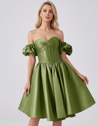 Satin Off-Shoulder Puff Sleeve Sweetheart Neck Corset Mini Dress for Homecoming, Prom, Cocktail, Evening & Wedding Guest Even | SKU: RMD-583920174615847-OLIVE-L,RMD-583920174615847-OLIVE-M,RMD-583920174615847-OLIVE-S,RMD-583920174615847-OLIVE-XL,RMD-583920174615847-OLIVE-XS