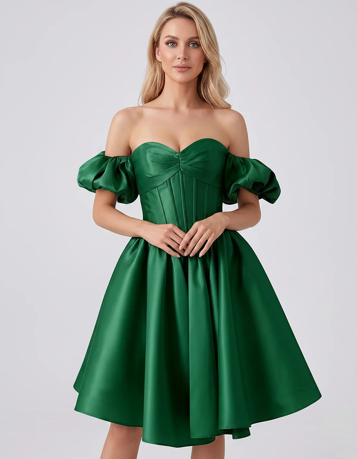 Satin Off-Shoulder Puff Sleeve Sweetheart Neck Corset Mini Dress for Homecoming, Prom, Cocktail, Evening & Wedding Guest Even | SKU: RMD-583920174615847-GREEN-L,RMD-583920174615847-GREEN-M,RMD-583920174615847-GREEN-S,RMD-583920174615847-GREEN-XL,RMD-583920174615847-GREEN-XS