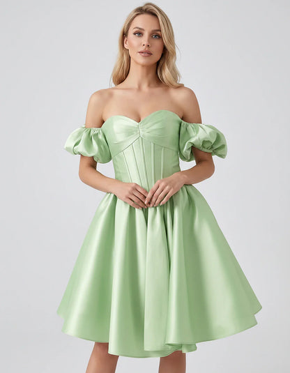 Satin Off-Shoulder Puff Sleeve Sweetheart Neck Corset Mini Dress for Homecoming, Prom, Cocktail, Evening & Wedding Guest Even | SKU: RMD-583920174615847-SAGE-L,RMD-583920174615847-SAGE-M,RMD-583920174615847-SAGE-S,RMD-583920174615847-SAGE-XL,RMD-583920174615847-SAGE-XS