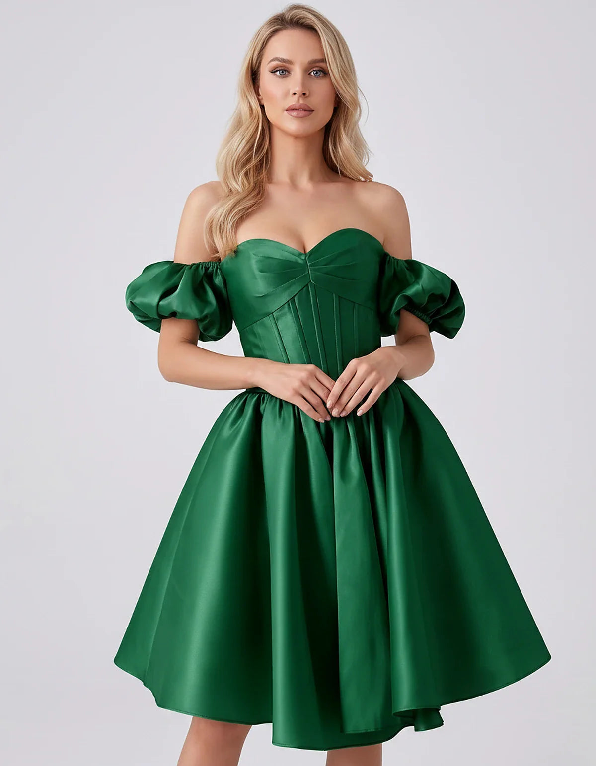 Satin Off-Shoulder Puff Sleeve Sweetheart Neck Corset Mini Dress for Homecoming, Prom, Cocktail, Evening & Wedding Guest Even | SKU: RMD-583920174615847-GREEN-L,RMD-583920174615847-GREEN-M,RMD-583920174615847-GREEN-S,RMD-583920174615847-GREEN-XL,RMD-583920174615847-GREEN-XS