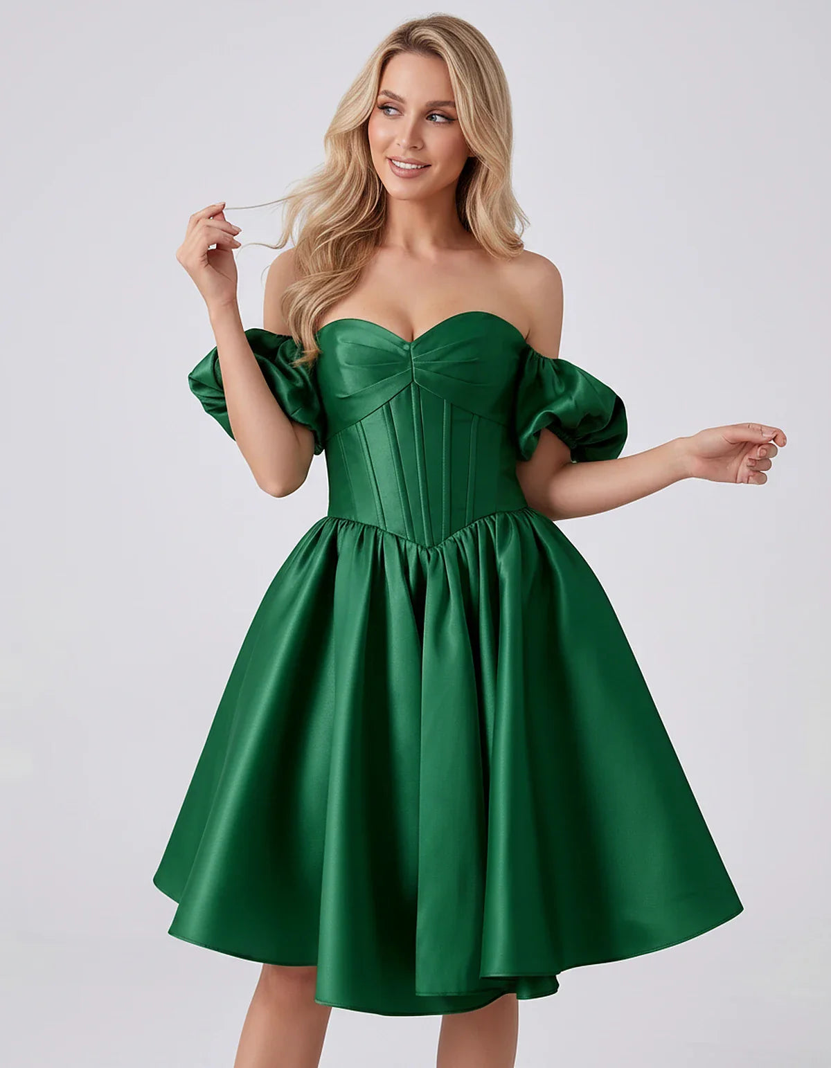 Satin Off-Shoulder Puff Sleeve Sweetheart Neck Corset Mini Dress for Homecoming, Prom, Cocktail, Evening & Wedding Guest Even | SKU: RMD-583920174615847-GREEN-L,RMD-583920174615847-GREEN-M,RMD-583920174615847-GREEN-S,RMD-583920174615847-GREEN-XL,RMD-583920174615847-GREEN-XS