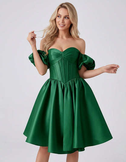 Satin Off-Shoulder Puff Sleeve Sweetheart Neck Corset Mini Dress for Homecoming, Prom, Cocktail, Evening & Wedding Guest Even | SKU: RMD-583920174615847-GREEN-L,RMD-583920174615847-GREEN-M,RMD-583920174615847-GREEN-S,RMD-583920174615847-GREEN-XL,RMD-583920174615847-GREEN-XS