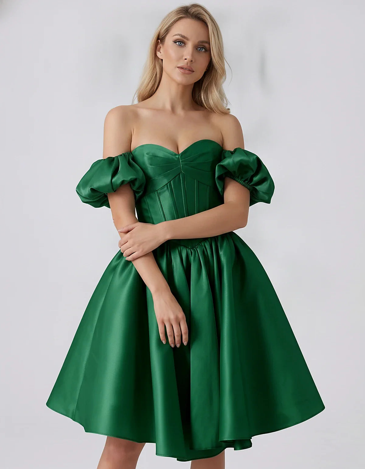 Satin Off-Shoulder Puff Sleeve Sweetheart Neck Corset Mini Dress for Homecoming, Prom, Cocktail, Evening & Wedding Guest Even | SKU: RMD-583920174615847-GREEN-L,RMD-583920174615847-GREEN-M,RMD-583920174615847-GREEN-S,RMD-583920174615847-GREEN-XL,RMD-583920174615847-GREEN-XS