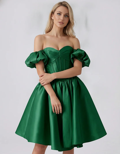 Satin Off-Shoulder Puff Sleeve Sweetheart Neck Corset Mini Dress for Homecoming, Prom, Cocktail, Evening & Wedding Guest Even | SKU: RMD-583920174615847-GREEN-L,RMD-583920174615847-GREEN-M,RMD-583920174615847-GREEN-S,RMD-583920174615847-GREEN-XL,RMD-583920174615847-GREEN-XS