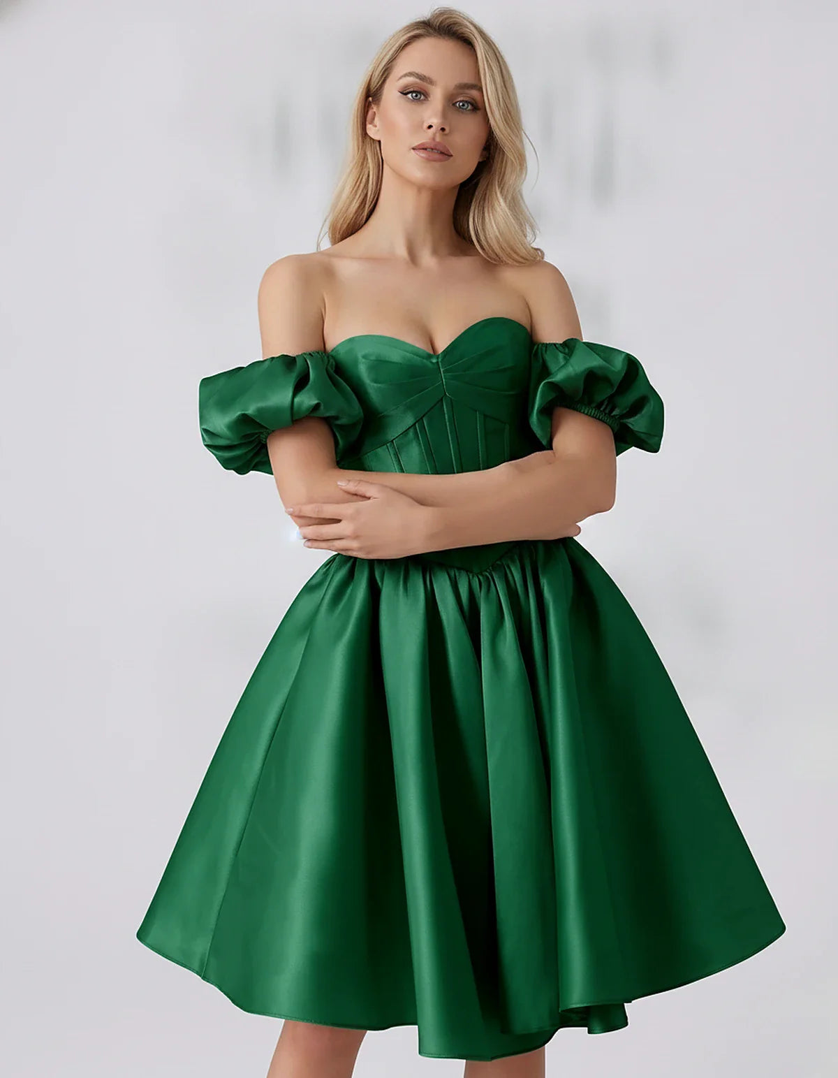 Satin Off-Shoulder Puff Sleeve Sweetheart Neck Corset Mini Dress for Homecoming, Prom, Cocktail, Evening & Wedding Guest Even | SKU: RMD-583920174615847-GREEN-L,RMD-583920174615847-GREEN-M,RMD-583920174615847-GREEN-S,RMD-583920174615847-GREEN-XL,RMD-583920174615847-GREEN-XS