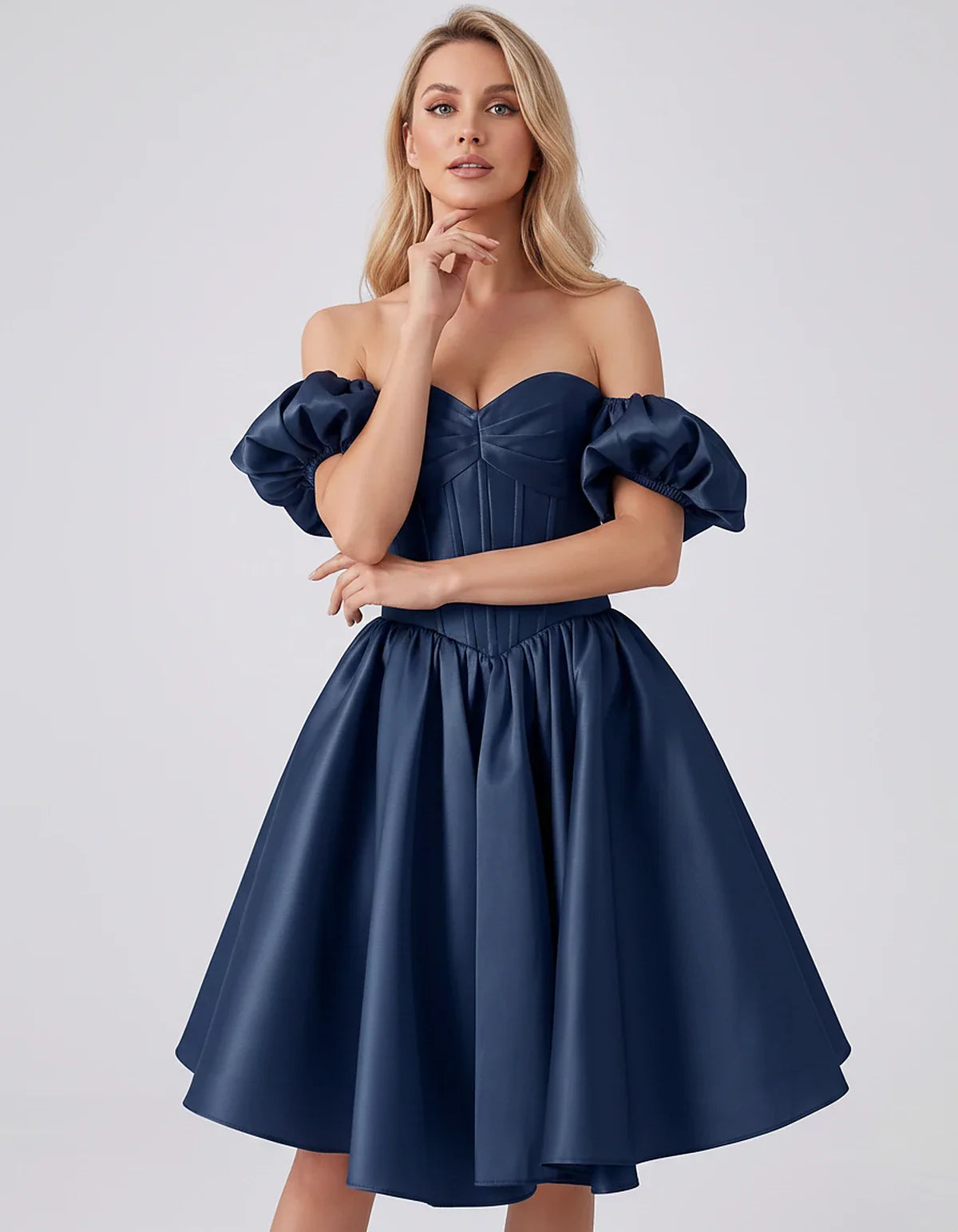 Satin Off-Shoulder Puff Sleeve Sweetheart Neck Corset Mini Dress for Homecoming, Prom, Cocktail, Evening & Wedding Guest Even | SKU: RMD-583920174615847-NAVY-L,RMD-583920174615847-NAVY-M,RMD-583920174615847-NAVY-S,RMD-583920174615847-NAVY-XL,RMD-583920174615847-NAVY-XS