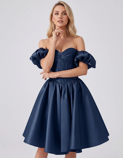 Satin Off-Shoulder Puff Sleeve Sweetheart Neck Corset Mini Dress for Homecoming, Prom, Cocktail, Evening & Wedding Guest Even | SKU: RMD-583920174615847-NAVY-L,RMD-583920174615847-NAVY-M,RMD-583920174615847-NAVY-S,RMD-583920174615847-NAVY-XL,RMD-583920174615847-NAVY-XS