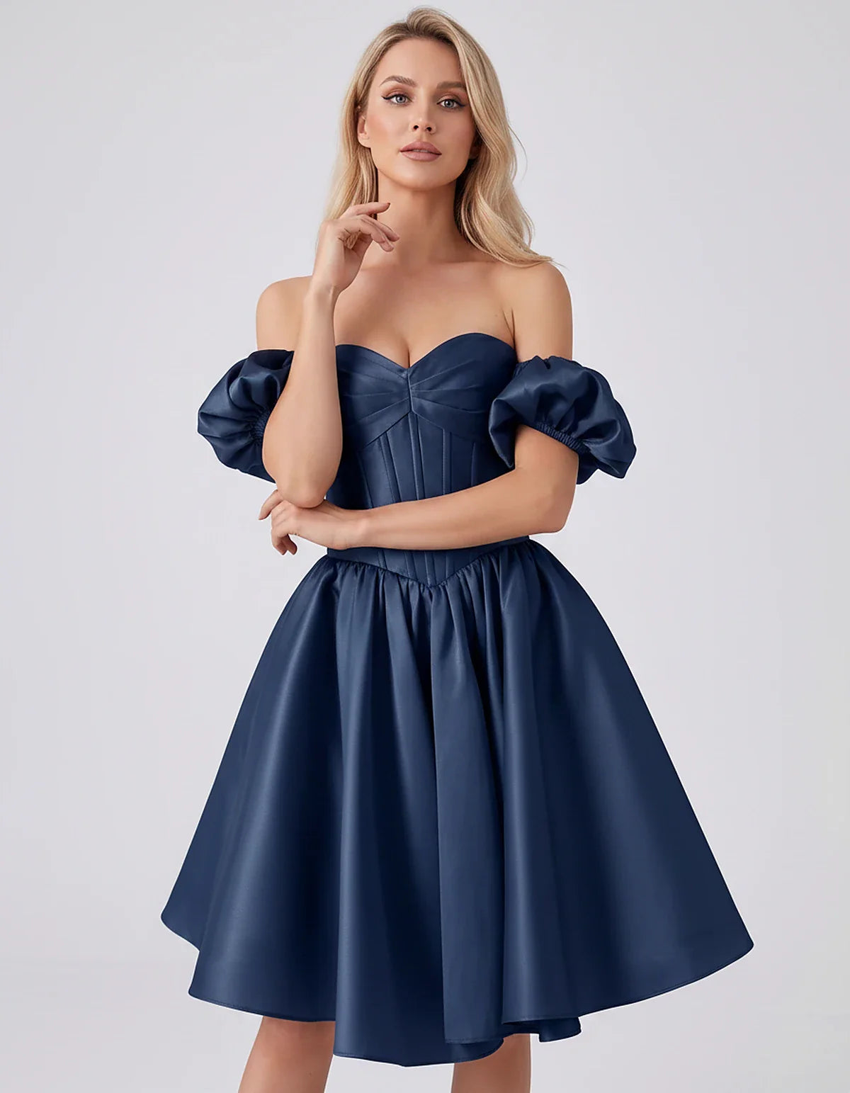 Satin Off-Shoulder Puff Sleeve Sweetheart Neck Corset Mini Dress for Homecoming, Prom, Cocktail, Evening & Wedding Guest Even | SKU: RMD-583920174615847-NAVY-L,RMD-583920174615847-NAVY-M,RMD-583920174615847-NAVY-S,RMD-583920174615847-NAVY-XL,RMD-583920174615847-NAVY-XS