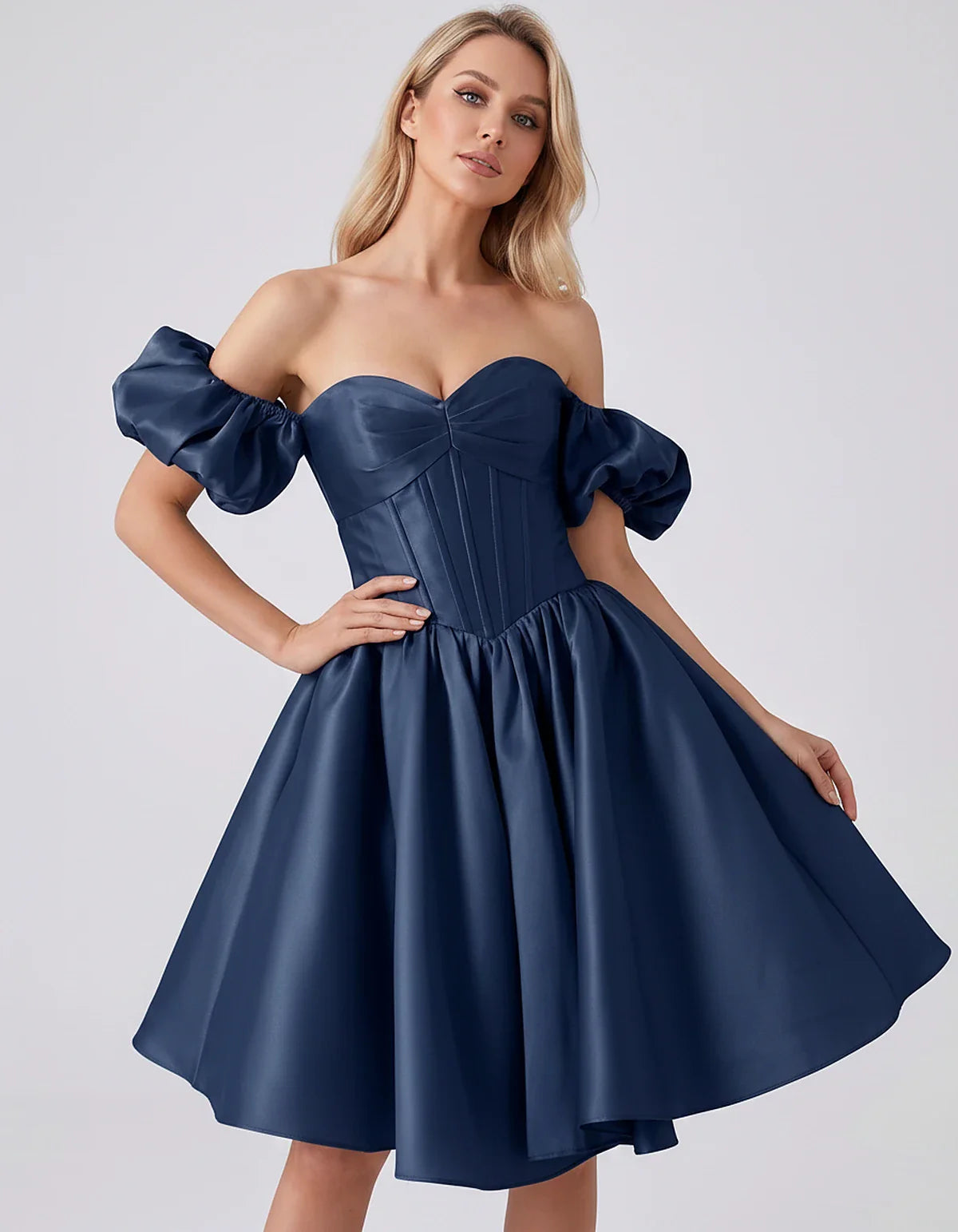 Satin Off-Shoulder Puff Sleeve Sweetheart Neck Corset Mini Dress for Homecoming, Prom, Cocktail, Evening & Wedding Guest Even | SKU: RMD-583920174615847-NAVY-L,RMD-583920174615847-NAVY-M,RMD-583920174615847-NAVY-S,RMD-583920174615847-NAVY-XL,RMD-583920174615847-NAVY-XS