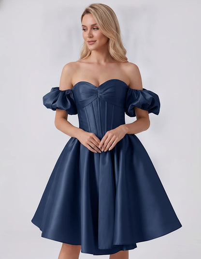 Satin Off-Shoulder Puff Sleeve Sweetheart Neck Corset Mini Dress for Homecoming, Prom, Cocktail, Evening & Wedding Guest Even | SKU: RMD-583920174615847-NAVY-L,RMD-583920174615847-NAVY-M,RMD-583920174615847-NAVY-S,RMD-583920174615847-NAVY-XL,RMD-583920174615847-NAVY-XS