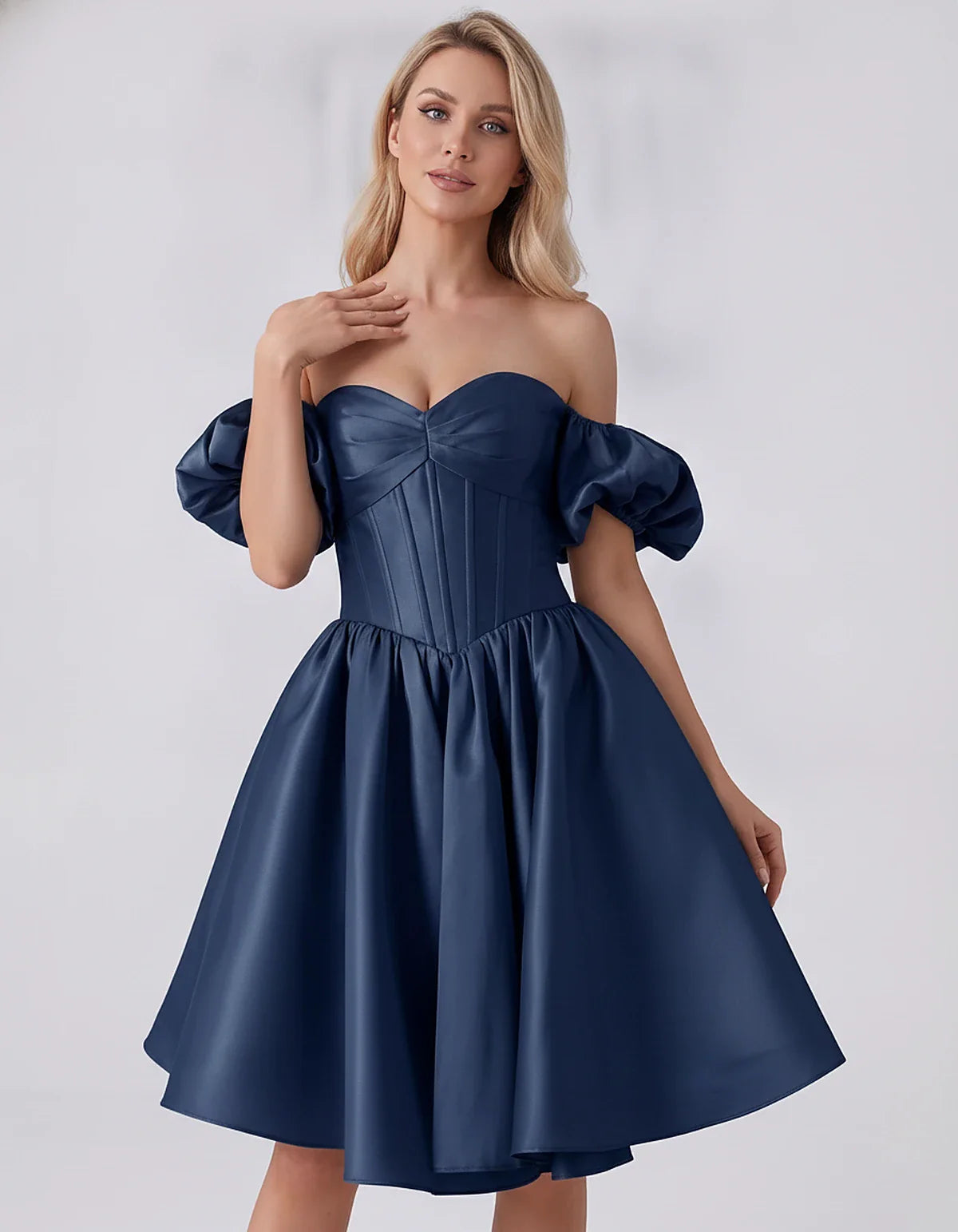Satin Off-Shoulder Puff Sleeve Sweetheart Neck Corset Mini Dress for Homecoming, Prom, Cocktail, Evening & Wedding Guest Even | SKU: RMD-583920174615847-NAVY-L,RMD-583920174615847-NAVY-M,RMD-583920174615847-NAVY-S,RMD-583920174615847-NAVY-XL,RMD-583920174615847-NAVY-XS