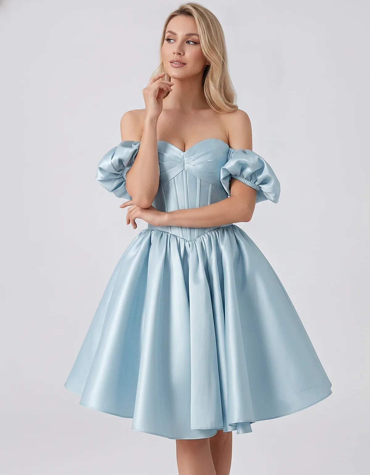 Satin Off-Shoulder Puff Sleeve Sweetheart Neck Corset Mini Dress for Homecoming, Prom, Cocktail, Evening & Wedding Guest Even | SKU: RMD-583920174615847-SKYBLUE-L,RMD-583920174615847-SKYBLUE-M,RMD-583920174615847-SKYBLUE-S,RMD-583920174615847-SKYBLUE-XL,RMD-583920174615847-SKYBLUE-XS