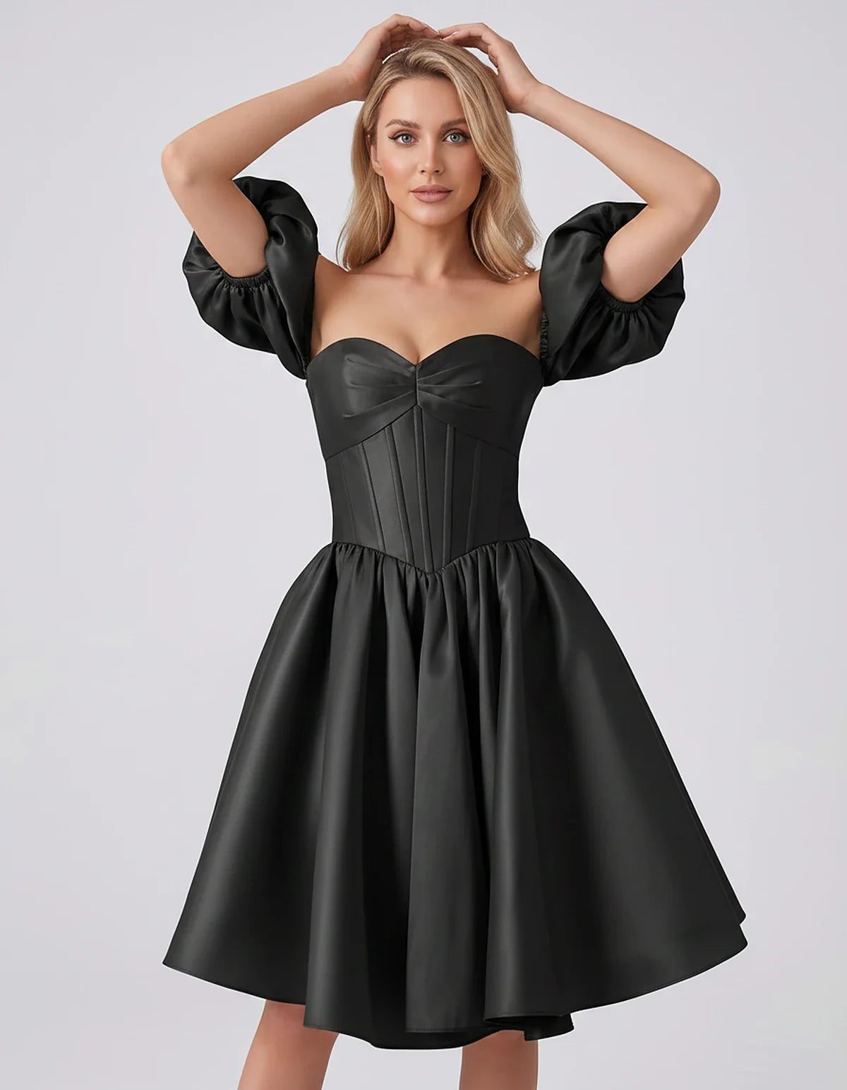 Satin Off-Shoulder Puff Sleeve Sweetheart Neck Corset Mini Dress for Homecoming, Prom, Cocktail, Evening & Wedding Guest Even | SKU: RMD-583920174615847-BLACK-L,RMD-583920174615847-BLACK-M,RMD-583920174615847-BLACK-S,RMD-583920174615847-BLACK-XL,RMD-583920174615847-BLACK-XS