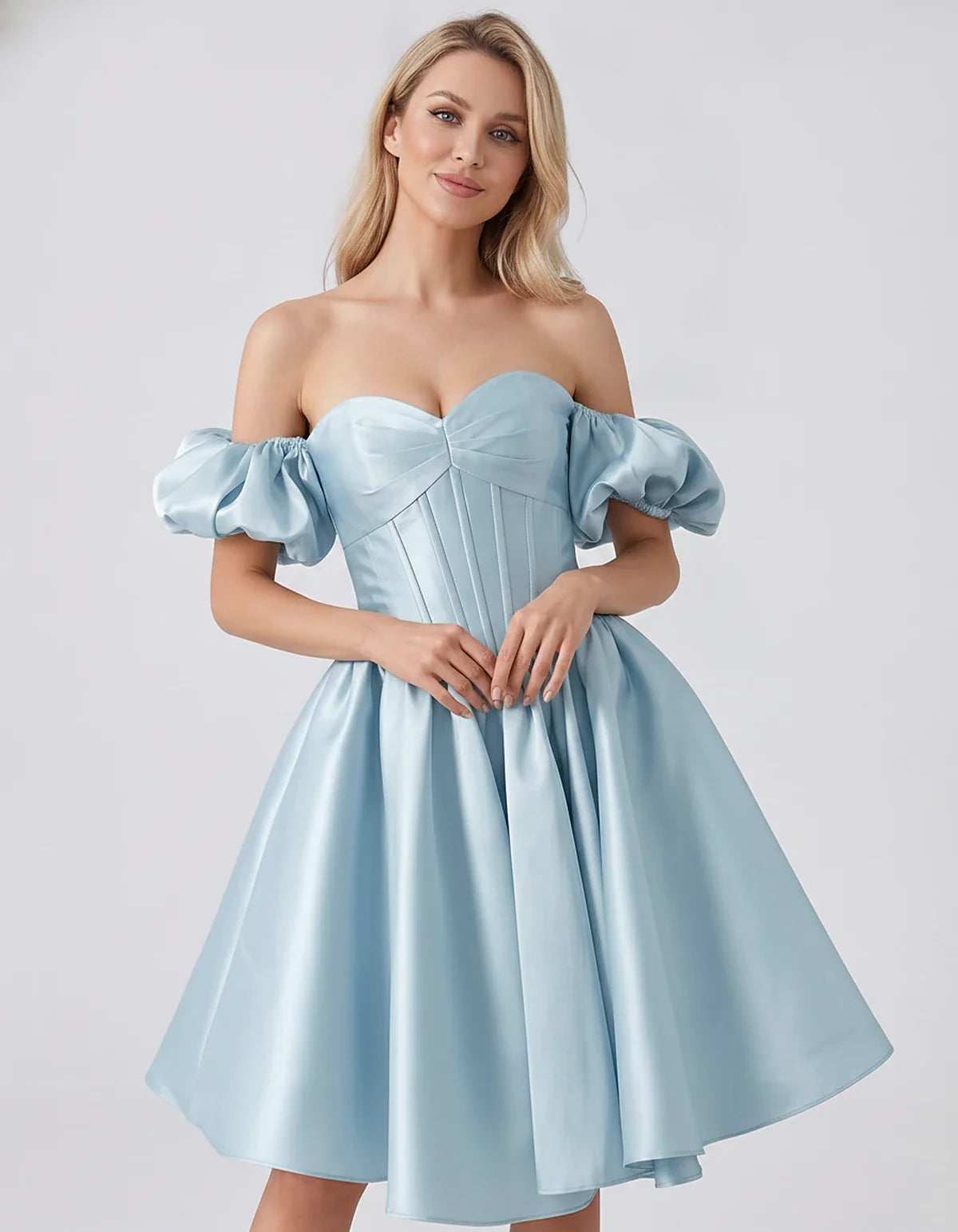 Satin Off-Shoulder Puff Sleeve Sweetheart Neck Corset Mini Dress for Homecoming, Prom, Cocktail, Evening & Wedding Guest Even | SKU: RMD-583920174615847-SKYBLUE-L,RMD-583920174615847-SKYBLUE-M,RMD-583920174615847-SKYBLUE-S,RMD-583920174615847-SKYBLUE-XL,RMD-583920174615847-SKYBLUE-XS