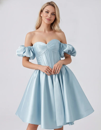 Satin Off-Shoulder Puff Sleeve Sweetheart Neck Corset Mini Dress for Homecoming, Prom, Cocktail, Evening & Wedding Guest Even | SKU: RMD-583920174615847-SKYBLUE-L,RMD-583920174615847-SKYBLUE-M,RMD-583920174615847-SKYBLUE-S,RMD-583920174615847-SKYBLUE-XL,RMD-583920174615847-SKYBLUE-XS