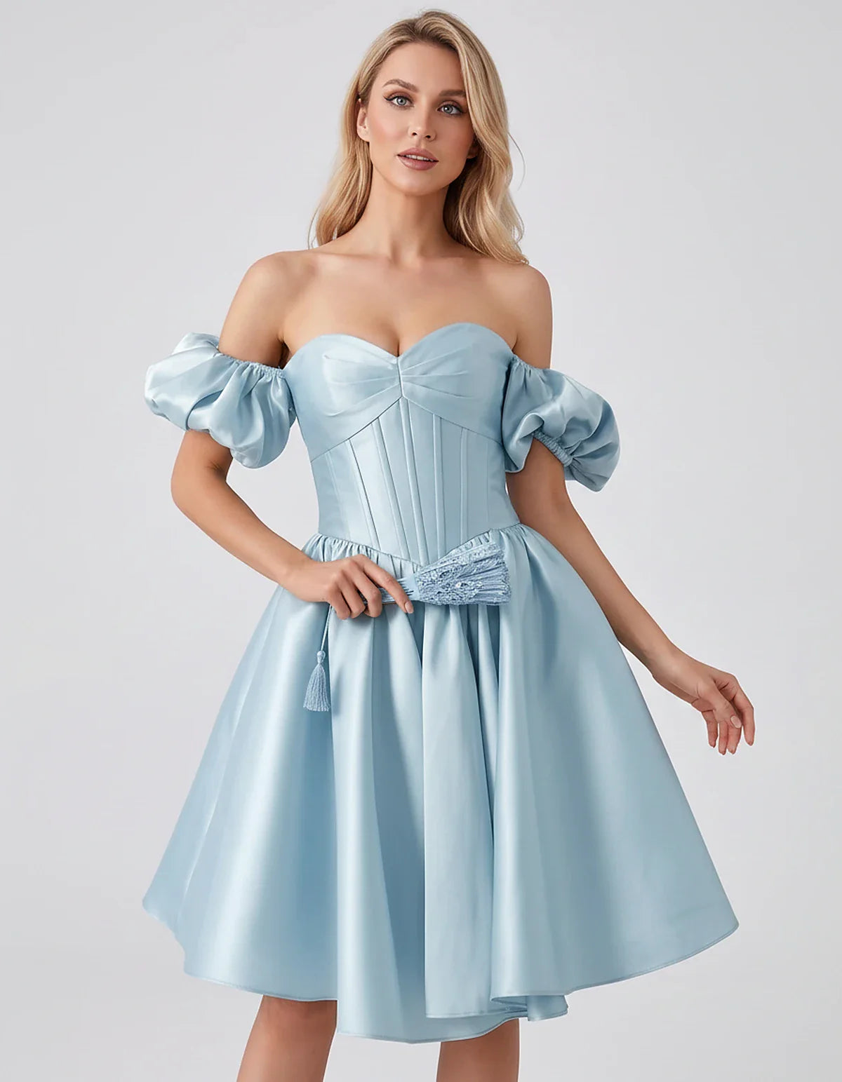 Satin Off-Shoulder Puff Sleeve Sweetheart Neck Corset Mini Dress for Homecoming, Prom, Cocktail, Evening & Wedding Guest Even | SKU: RMD-583920174615847-SKYBLUE-L,RMD-583920174615847-SKYBLUE-M,RMD-583920174615847-SKYBLUE-S,RMD-583920174615847-SKYBLUE-XL,RMD-583920174615847-SKYBLUE-XS