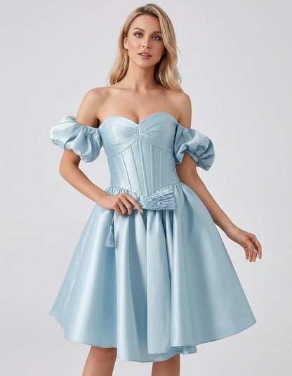 Satin Off-Shoulder Puff Sleeve Sweetheart Neck Corset Mini Dress for Homecoming, Prom, Cocktail, Evening & Wedding Guest Even | SKU: RMD-583920174615847-SKYBLUE-L,RMD-583920174615847-SKYBLUE-M,RMD-583920174615847-SKYBLUE-S,RMD-583920174615847-SKYBLUE-XL,RMD-583920174615847-SKYBLUE-XS