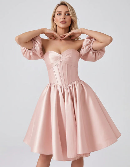 Satin Off-Shoulder Puff Sleeve Sweetheart Neck Corset Mini Dress for Homecoming, Prom, Cocktail, Evening & Wedding Guest Even | SKU: RMD-583920174615847-PINK-L,RMD-583920174615847-PINK-M,RMD-583920174615847-PINK-S,RMD-583920174615847-PINK-XL,RMD-583920174615847-PINK-XS