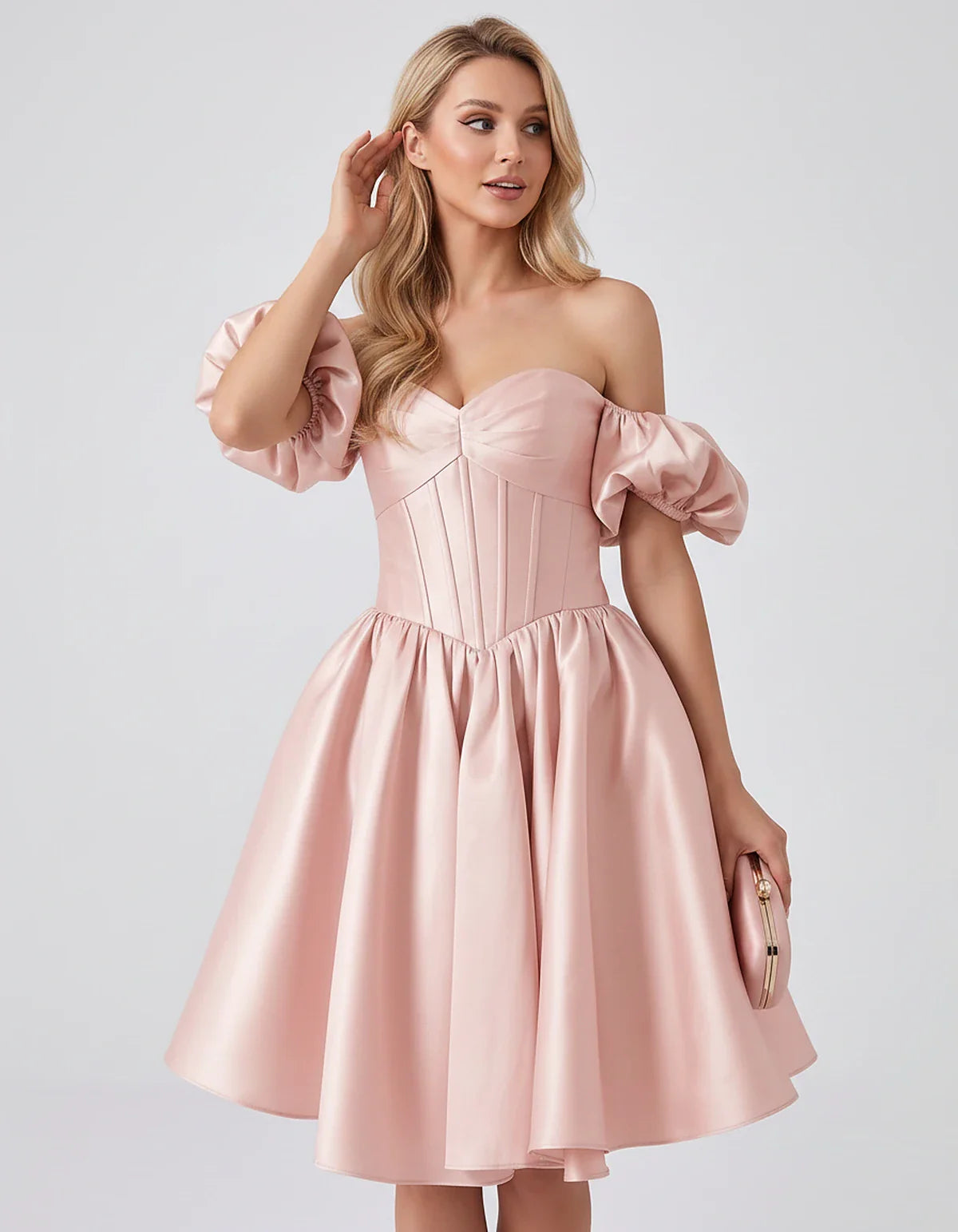 Satin Off-Shoulder Puff Sleeve Sweetheart Neck Corset Mini Dress for Homecoming, Prom, Cocktail, Evening & Wedding Guest Even | SKU: RMD-583920174615847-PINK-L,RMD-583920174615847-PINK-M,RMD-583920174615847-PINK-S,RMD-583920174615847-PINK-XL,RMD-583920174615847-PINK-XS