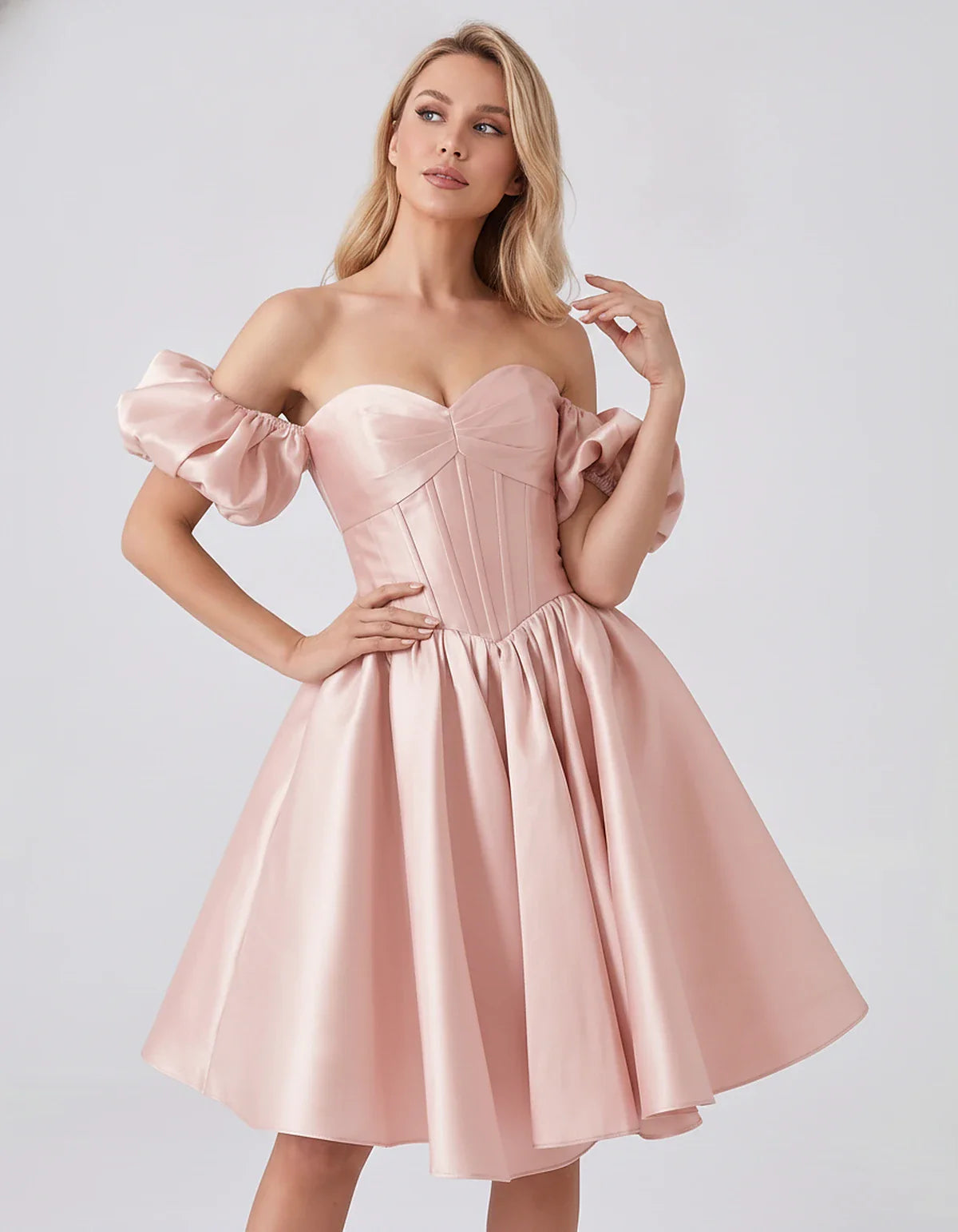 Satin Off-Shoulder Puff Sleeve Sweetheart Neck Corset Mini Dress for Homecoming, Prom, Cocktail, Evening & Wedding Guest Even | SKU: RMD-583920174615847-PINK-L,RMD-583920174615847-PINK-M,RMD-583920174615847-PINK-S,RMD-583920174615847-PINK-XL,RMD-583920174615847-PINK-XS